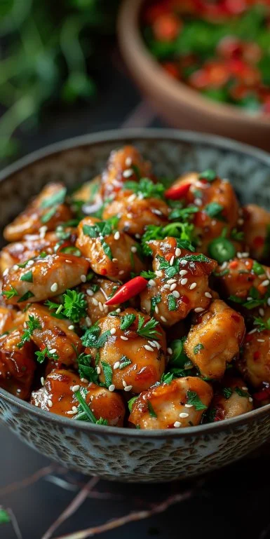Bowl of Slow Cooker Sweet Chili Chicken garnished with green onions