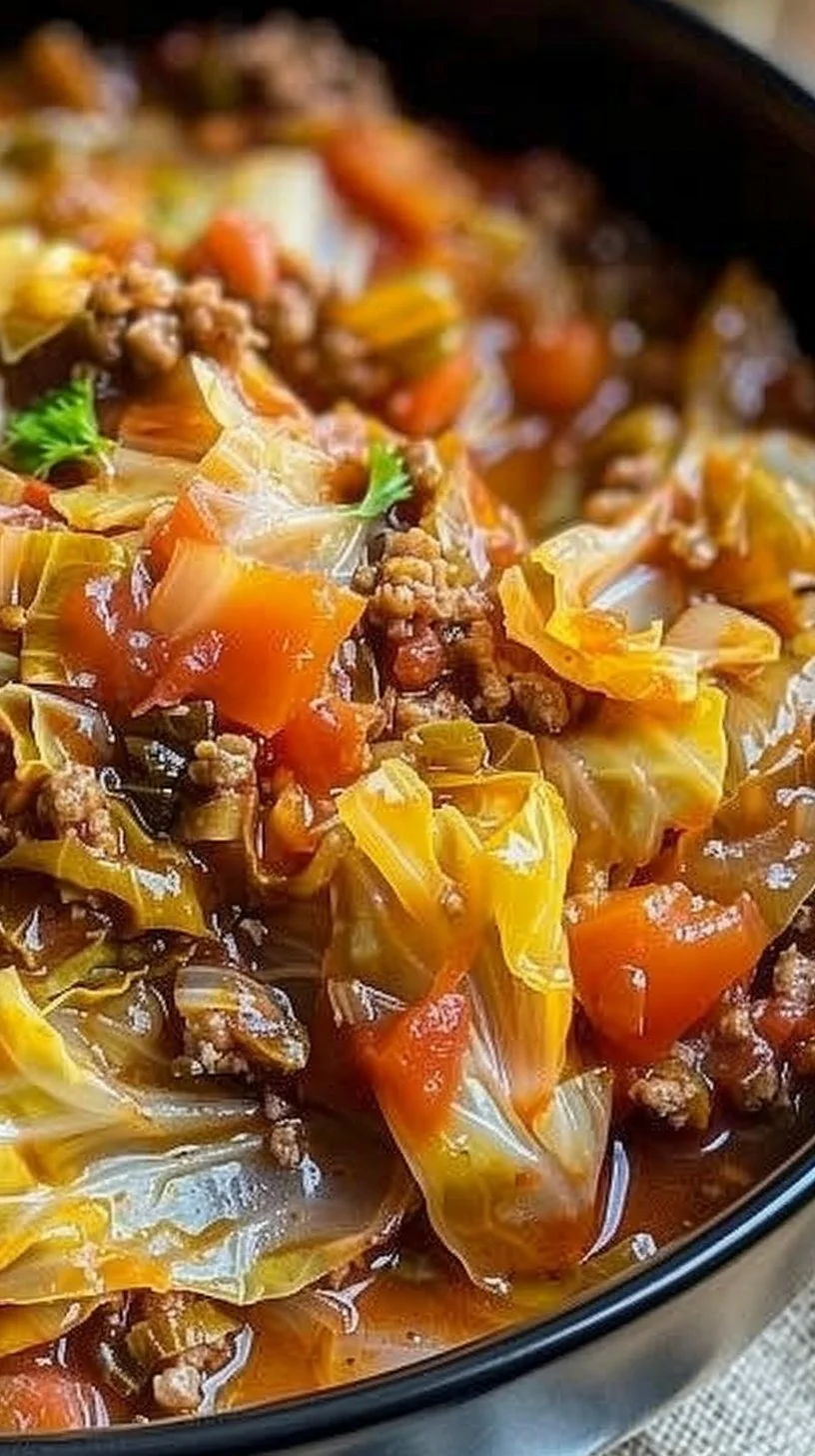 Delicious slow cooker unstuffed cabbage rolls served in a bowl with fresh herbs.