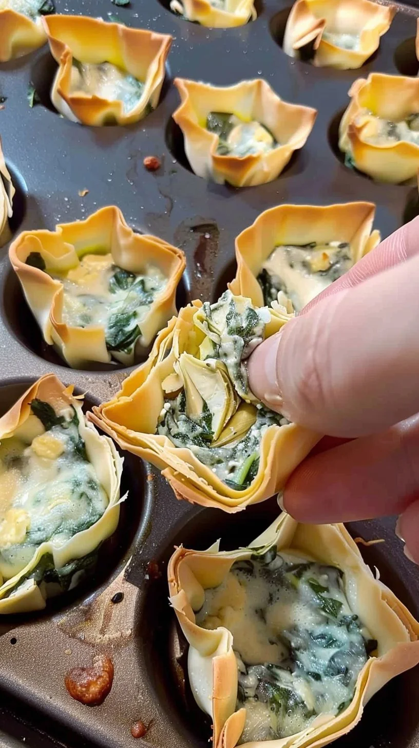 Spinach and Artichoke Wonton Cups 3 Spinach and artichoke wonton cups served on a platter, garnished with herbs