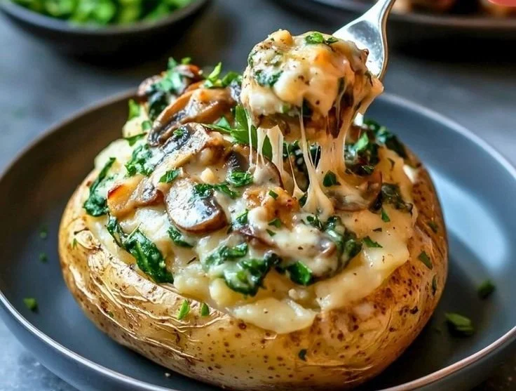 Spinach and Shiitake Mushroom Stuffed Potatoes 3 Spinach and shiitake mushroom stuffed potatoes on a plate