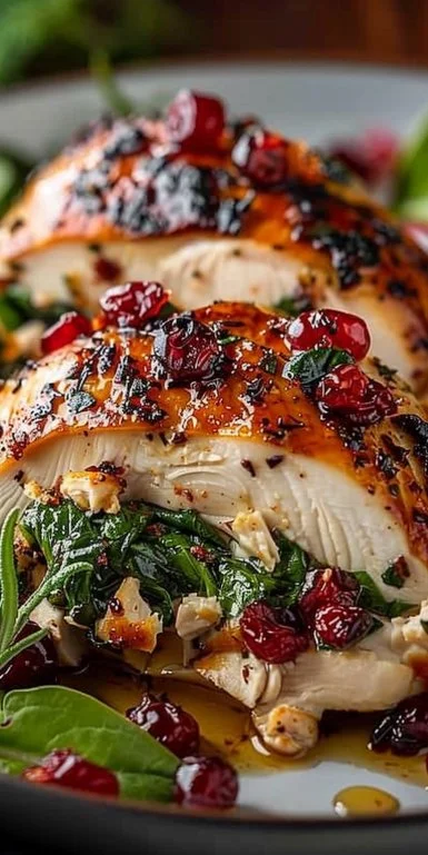 Spinach & Cranberry Stuffed Chicken Breasts 3 Juicy spinach and cranberry stuffed chicken breasts on a plate