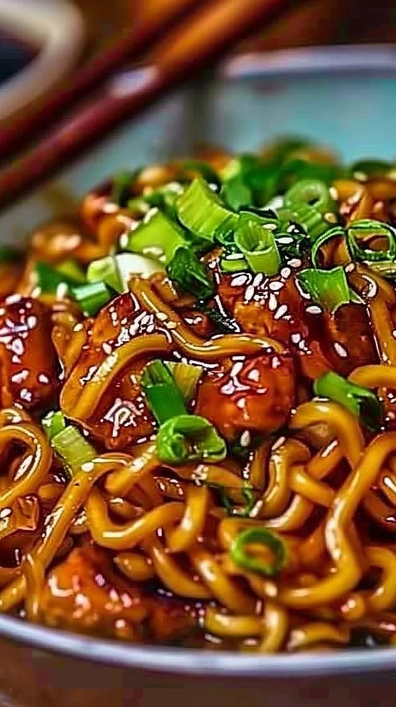 Sticky Garlic Chicken Noodles 3 Delicious sticky garlic chicken noodles served in a bowl, garnished with green onions.