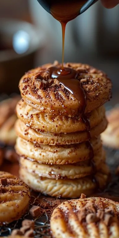 Stuffed Mexican churro cookies with caramel drizzle on a plate