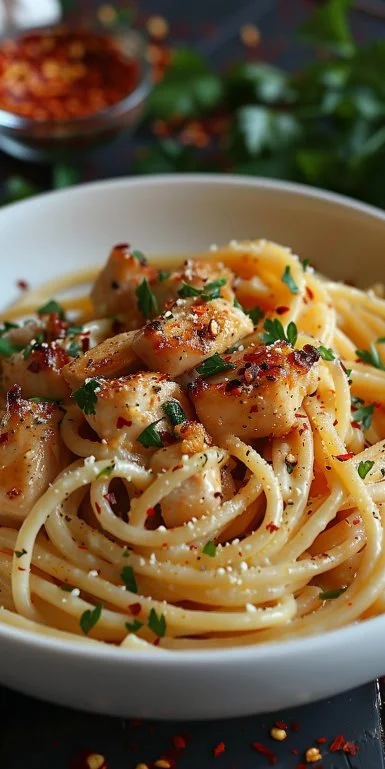 Crockpot garlic parmesan chicken pasta served in a bowl with herbs on top