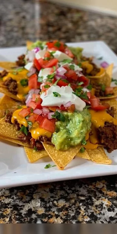World Cup Nachos 3 Plate of nachos topped with cheese, jalapeños, and guacamole for World Cup celebration.