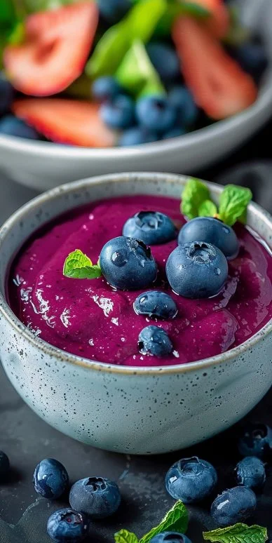 A bowl of homemade blueberry vinaigrette dressing with fresh blueberries.