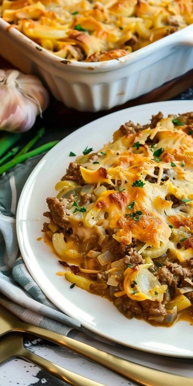 French Onion Ground Beef Stroganoff Casserole