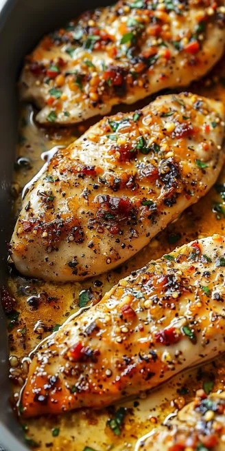 Baked Garlic Parmesan Chicken 4 Baked garlic parmesan chicken garnished with herbs and spices