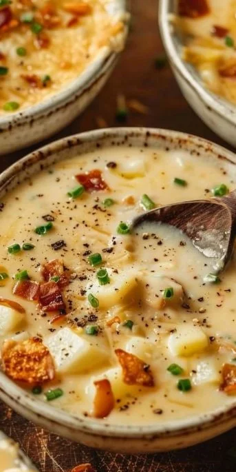 Creamy baked potato soup topped with chives and cheese