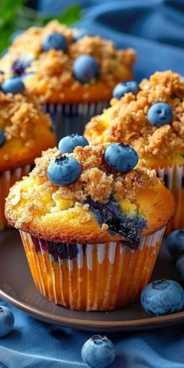 Bakery-style blueberry streusel muffins on a cooling rack