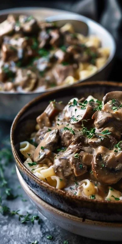 Delicious Beef Stroganoff bowls with mushrooms for a quick dinner recipe