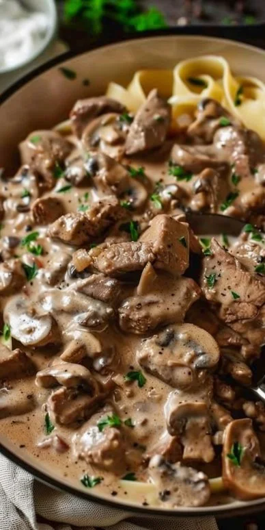 Delicious Beef Stroganoff served over creamy egg noodles
