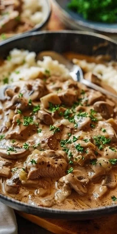Delicious Beef Stroganoff with creamy mushroom sauce and egg noodles