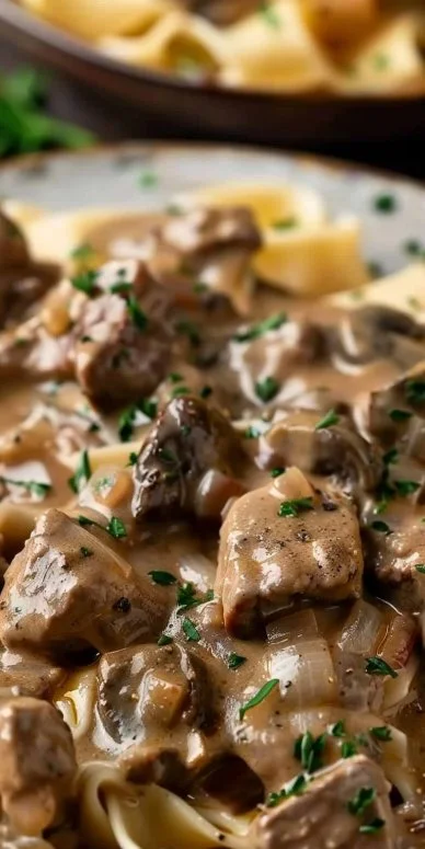 Delicious plate of Beef Stroganoff garnished with parsley