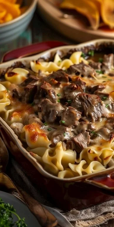 Delicious Beef Stroganoff Casserole with tender beef and creamy sauce