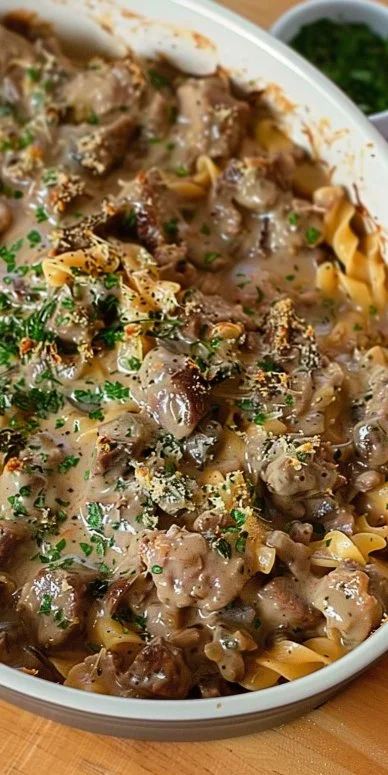 Delicious Beef Stroganoff Casserole with creamy sauce and tender beef