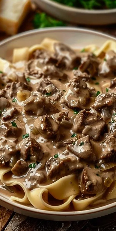 Delicious Beef Stroganoff with ground beef served on a plate