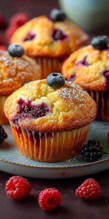 Freshly baked berry muffins, golden brown and filled with juicy berries.