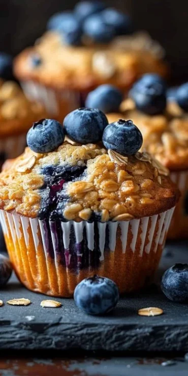 Freshly baked blueberry oatmeal muffins on a wooden table