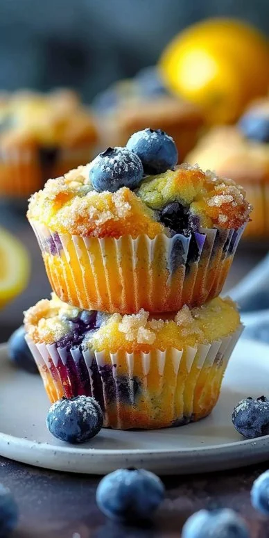 Best Lemon Blueberry Muffins 4 Freshly baked lemon blueberry muffins on a cooling rack