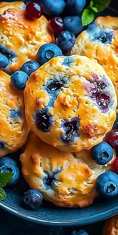 Blueberry Biscuits 4 Freshly baked blueberry biscuits served on a white plate