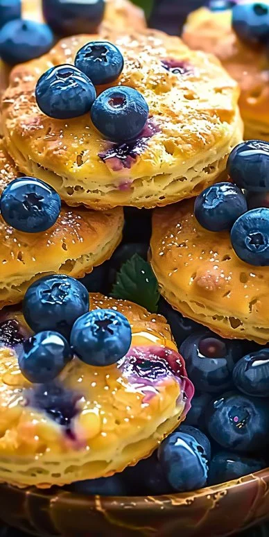 Blueberry Biscuits 4 Freshly baked blueberry biscuits with a golden crust and juicy blueberries