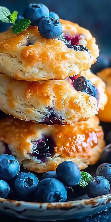 Delicious blueberry biscuits fresh from the oven with juicy blueberries