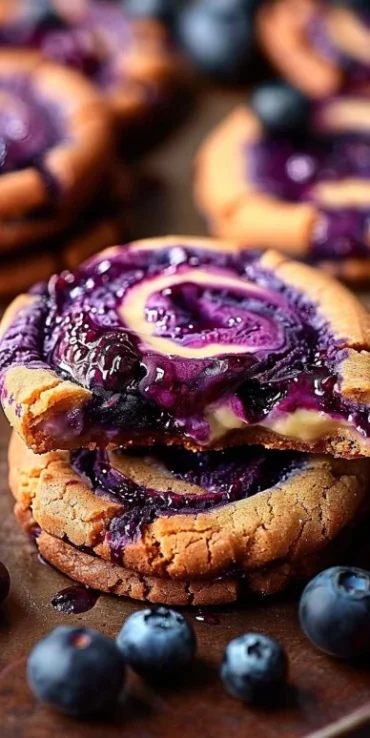 Blueberry cheesecake swirl cookies on a plate, showcasing their creamy filling.