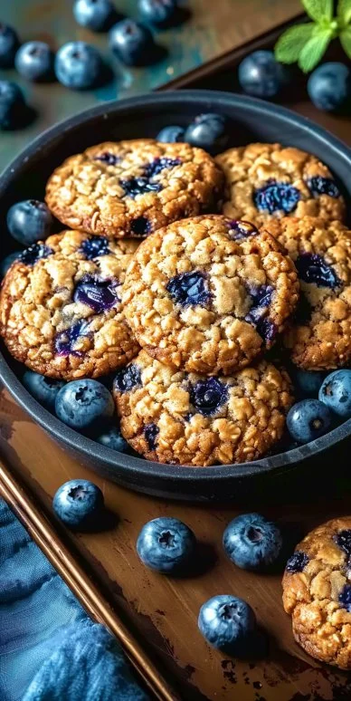 Blueberry Cookies 4 Freshly baked blueberry cookies with a golden-brown surface and blueberries on top