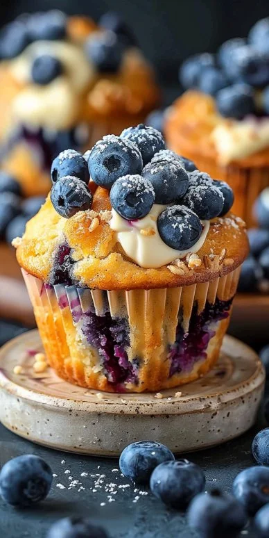 Blueberry Cream Cheese Muffins 4 Freshly baked blueberry cream cheese muffins on a cooling rack