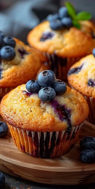Blueberry Muffins 4 Freshly baked blueberry muffins with a golden brown top and juicy blueberries
