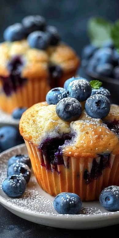 Blueberry Muffins 4 Freshly baked blueberry muffins on a cooling rack