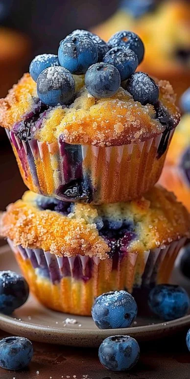 Blueberry Muffins 4 Freshly baked blueberry muffins with plump blueberries on a wooden table