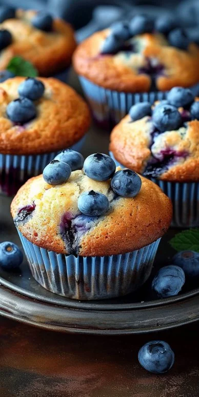 Blueberry Muffins 4 Freshly baked blueberry muffins with plump blueberries on a rustic wooden table