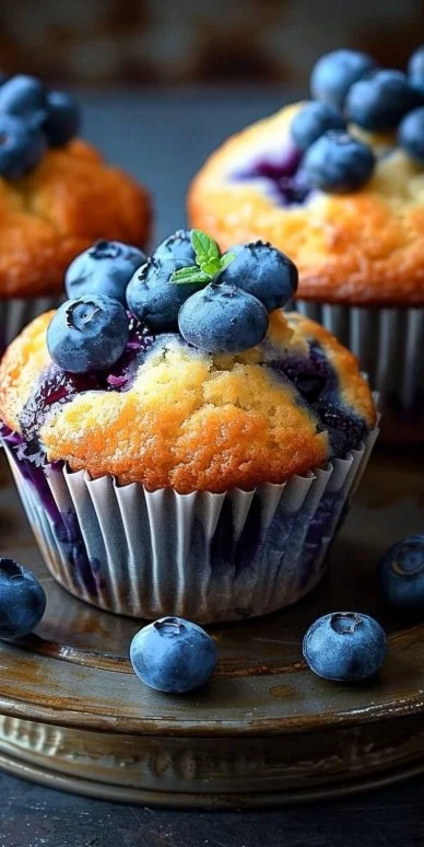 Freshly baked blueberry muffins with berries on top