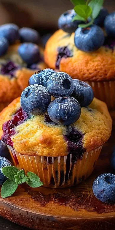 Freshly baked blueberry muffins cooling on a rack