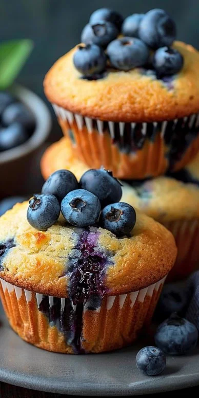 Blueberry Muffins 4 Delicious homemade blueberry muffins with fresh blueberries on top