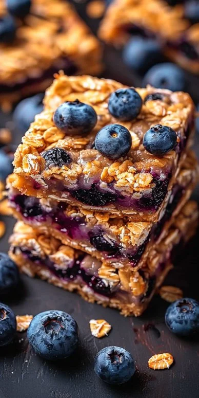 Healthy homemade blueberry oatmeal bars with fresh berries and oats
