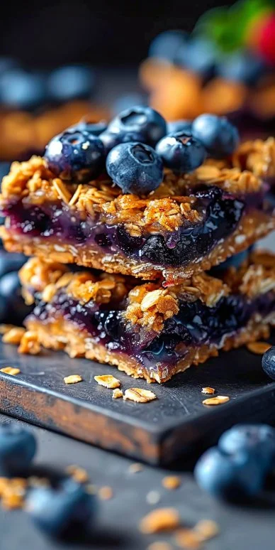 Delicious homemade blueberry oatmeal bars fresh out of the oven.