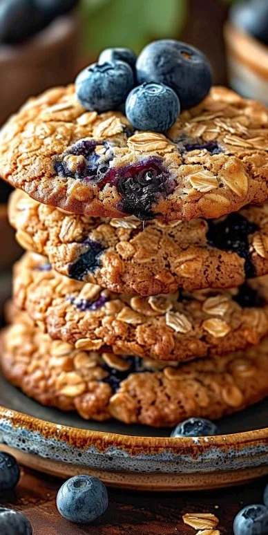 Blueberry Oatmeal Cookies 3 Freshly baked blueberry oatmeal cookies on a platter