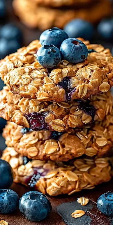 Freshly baked blueberry oatmeal cookies on a wooden platter