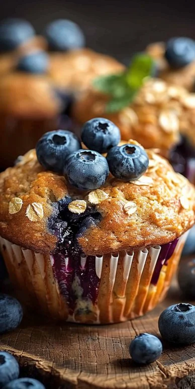 Delicious homemade blueberry oatmeal muffins fresh out of the oven