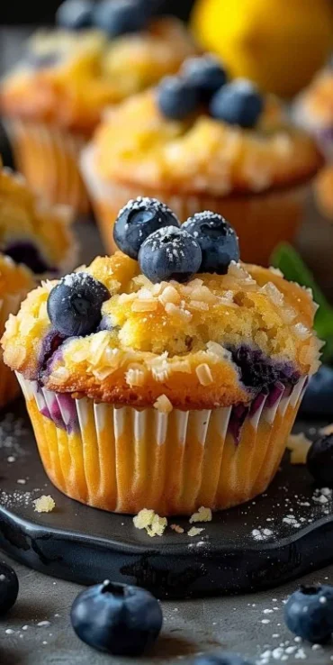 Blueberry streusel muffins with a golden crumb topping on a baking tray