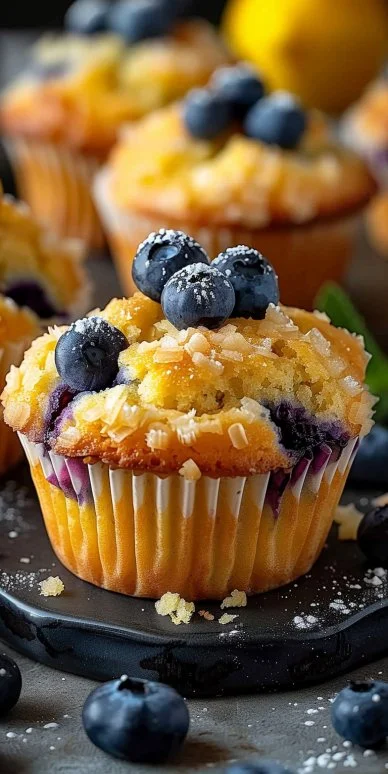 Blueberry Streusel Muffins 4 Blueberry streusel muffins with a golden crumb topping on a baking tray