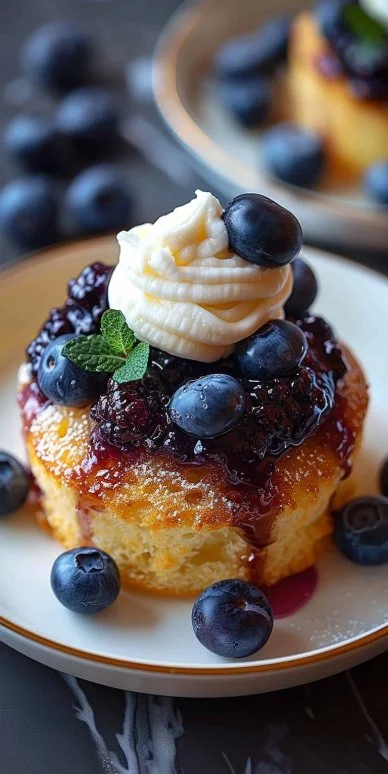 Blueberry Upside Down Mini Cakes 4 Delicious blueberry upside down mini cakes on a platter