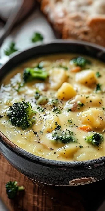 Delicious bowl of Broccoli Potato Cheese Soup topped with cheese and herbs
