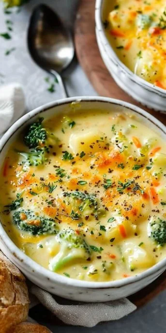 Delicious Broccoli Potato Cheese Soup served in a bowl with fresh toppings