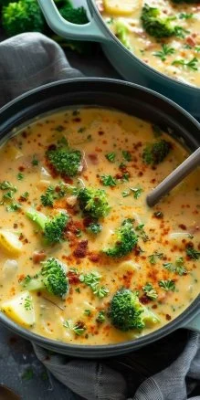 A bowl of homemade Broccoli Potato Soup garnished with fresh parsley.