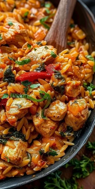 Cajun Chicken Orzo 4 Bowl of Cajun Chicken Orzo with spices and vegetables