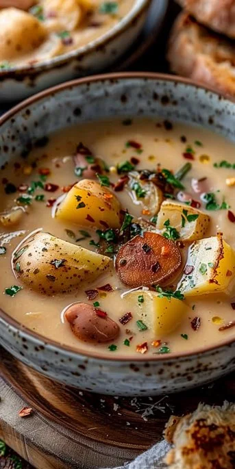 Bowl of flavorful Cajun Potato Soup garnished with herbs and spices